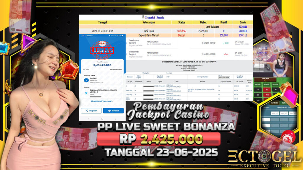 BUKTI JACKPOT CASINO PP LIVE SWEET BONANZA CANDY LAND TERPERCAYA DI INDONESIA TGL 23-06-2025