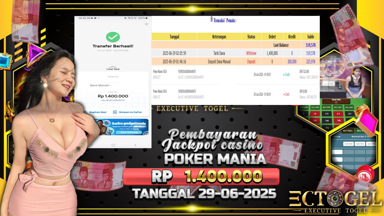 BUKTI JACKPOT CASINO POKER MANIA TERPERCAYA DI INDONESIA TGL 29-06-2025