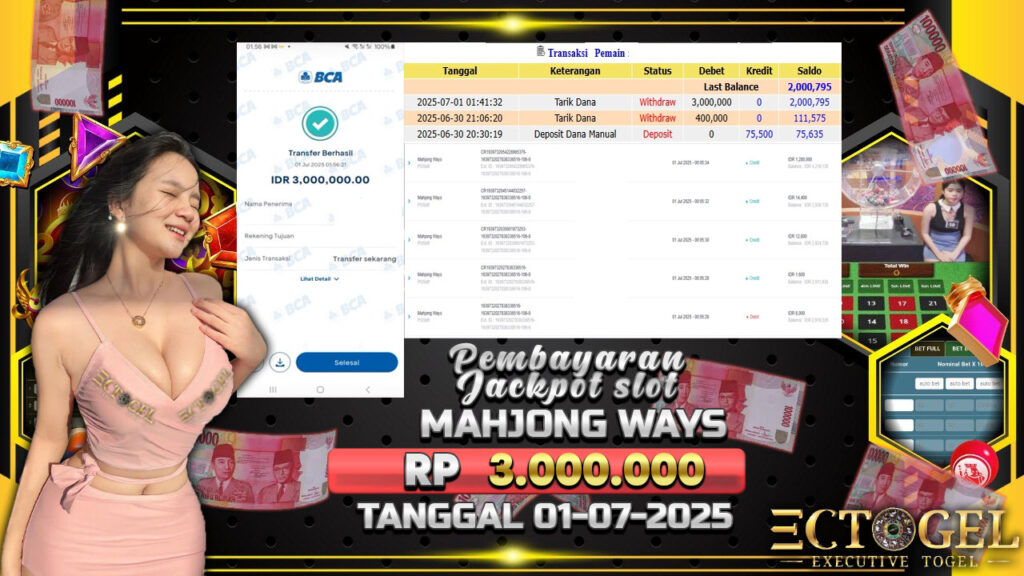 BUKTI JACKPOT SLOT MAHJONG WAYS TERPERCAYA DI INDONESIA TGL 01-07-2025