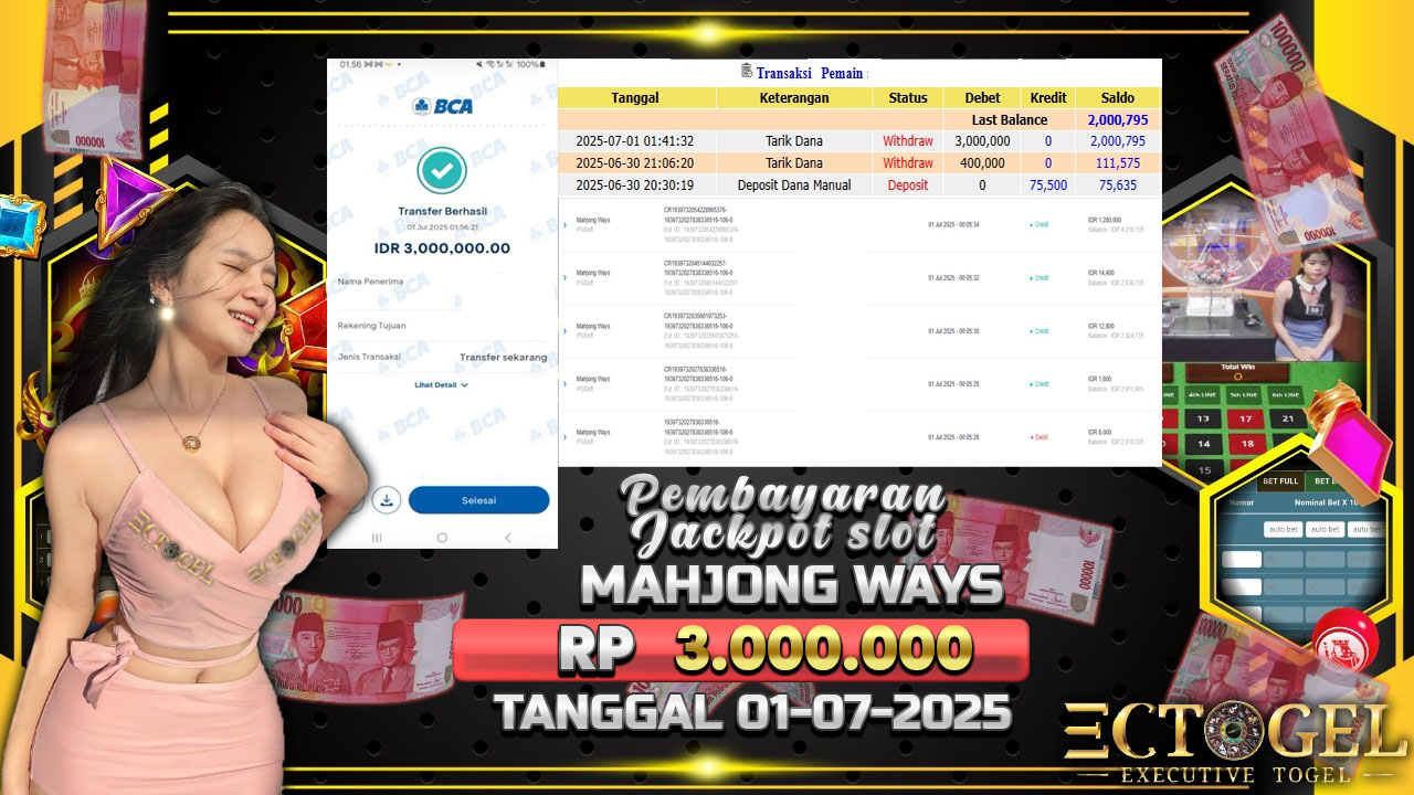 BUKTI JACKPOT SLOT MAHJONG WAYS TERPERCAYA DI INDONESIA TGL 01-07-2025